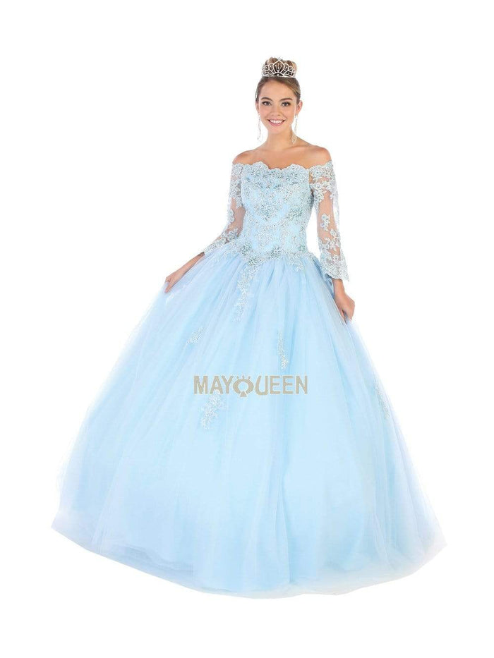 May Queen - LK111 Bell Sleeve Appliqued Off Shoulder Ballgown Quinceanera Dresses 4 / Baby Blue