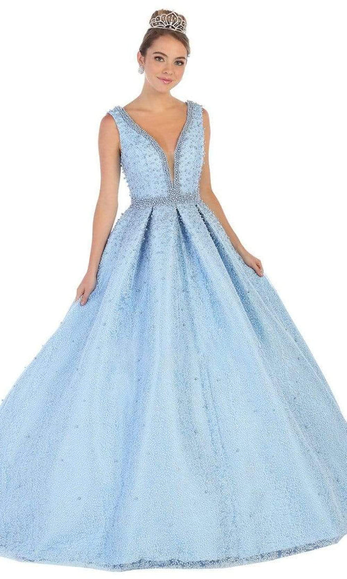 May Queen - LK112 Pearl-Beaded Plunging Bodice Ballgown Quinceanera Dresses 4 / Baby Blue