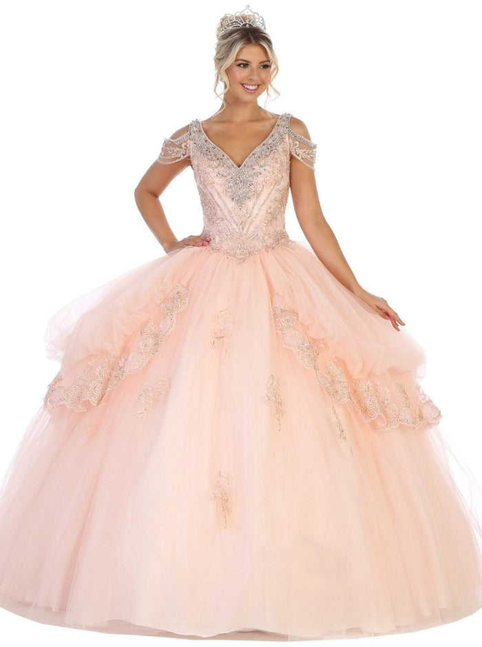 May Queen - LK116 Jeweled Lace Bodice Ruffled Ballgown Special Occasion Dress 2 / Blush