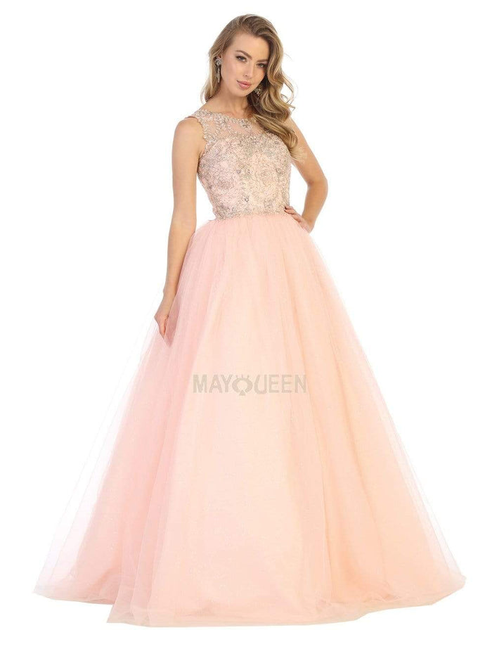 May Queen - LK137 Sleeveless Appliqued Sheer Cutout Back Gown Prom Dresses 4 / Blush