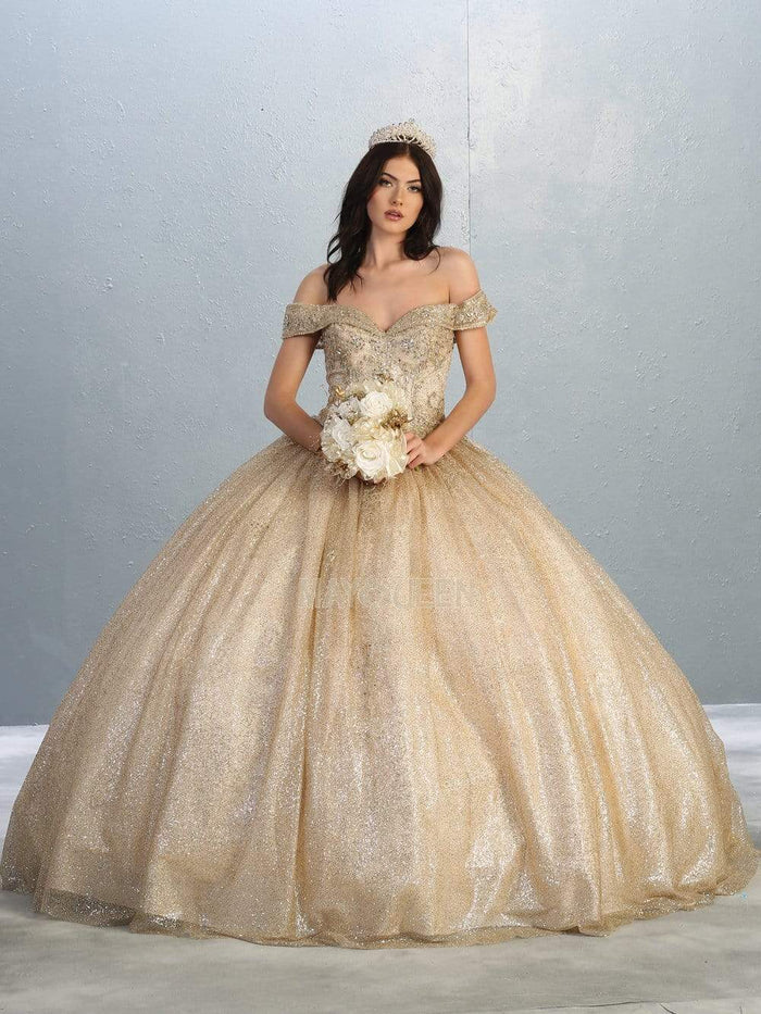 May Queen - LK151 Embellished Off-Shoulder Ballgown Quinceanera Dresses 4 / Champagne/Gold