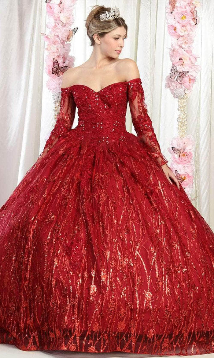 May Queen LK162 - Long Sleeve Sequin Prom Ballgown Ball Gowns 4 / Burgundy