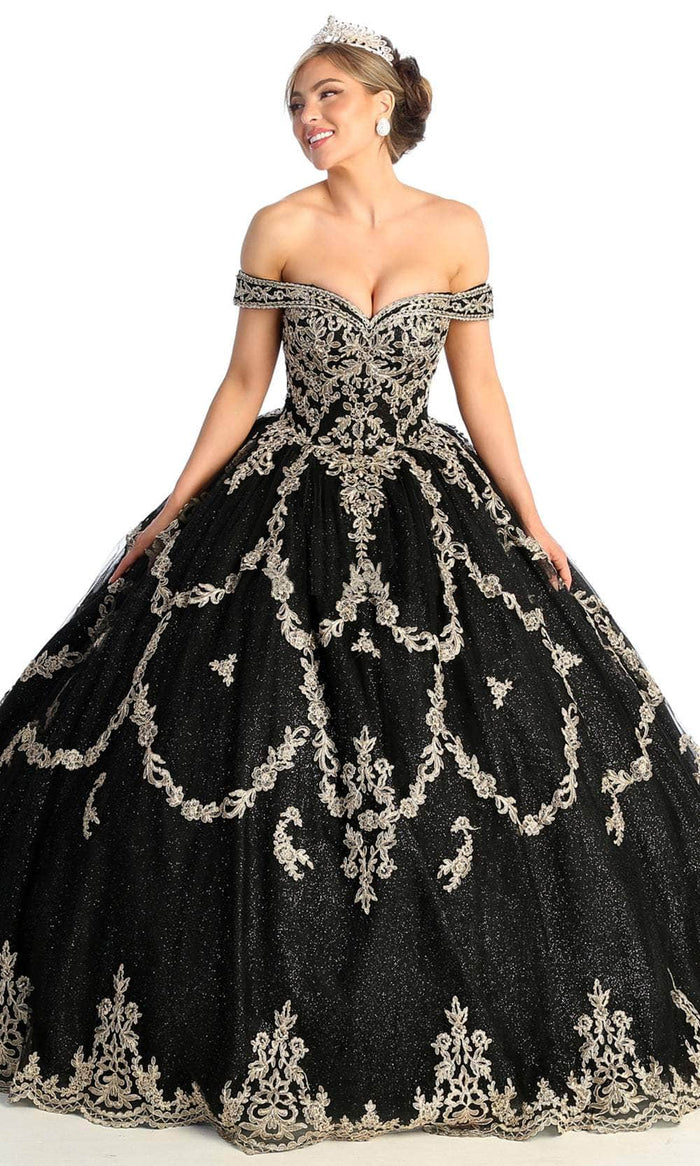 May Queen LK170 - Embellished Off Shoulder A-Line Gown Ball Gowns 4 / Black