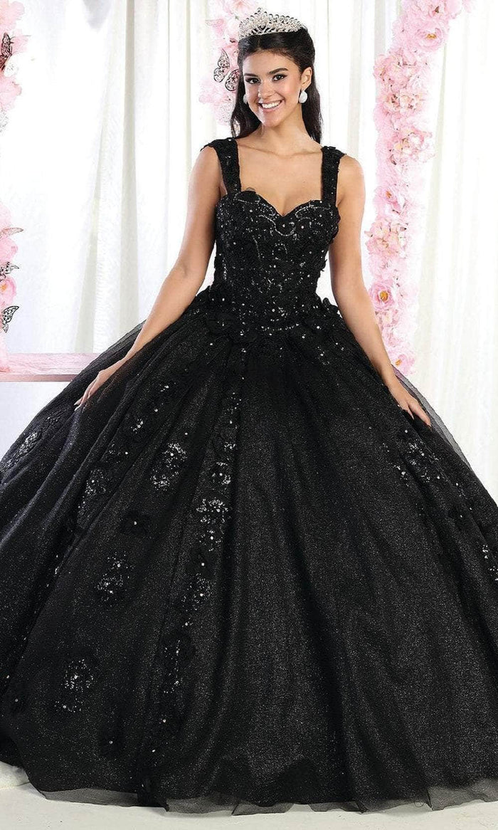 May Queen LK171 - Wide Strap Floral Glitter Ballgown Ball Gowns 4 / Black