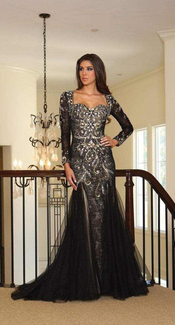 May Queen - Long Sleeve Rhinestone Embellished Evening Gown RQ-7210 - 1 pc Black in Size 16 Available CCSALE 16 / Black