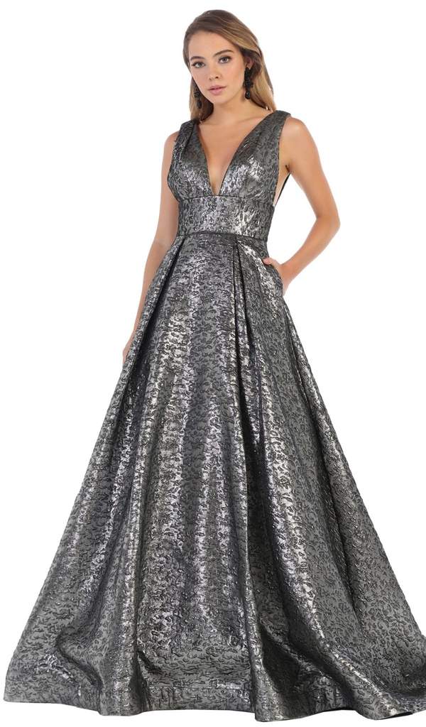 May Queen - May Queen - RQ7701 Deep V-neck Pleated Ballgown With Train - 1 pc Silver In Size 8 Available CCSALE 8 / Silver