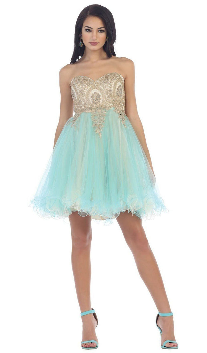 May Queen - MQ-1286 Strapless Appliqued Cocktail Dress Special Occasion Dress 2 / Aqua/Nude