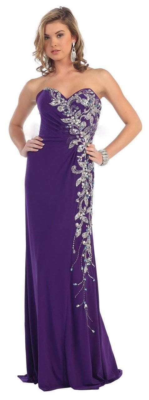 May Queen MQ1086 Dazzling Crystals Sweetheart Sheath Long Gown CCSALE 6 / Purple