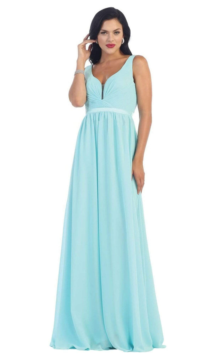 May Queen - MQ1225 Sleeveless Illusion Plunging A-Line Gown Bridesmaid Dresses 4 / Aqua