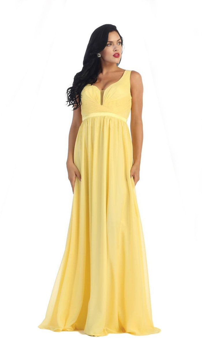 May Queen - MQ1225B Sleeveless Plunging Interweaved Prom Gown Special Occasion Dress 22 / Yellow