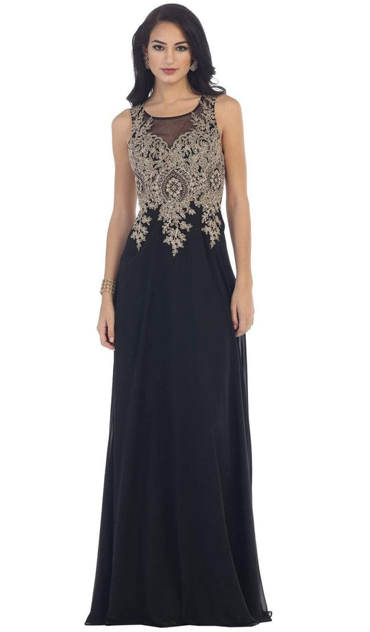 May Queen - MQ1432B Embellished Illusion Scoop A-line Prom Dress Special Occasion Dress 22 / Black