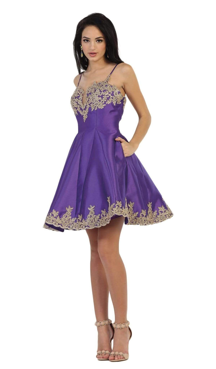 May Queen - MQ1445 Gilded Lace Applique Mikado Cocktail Dress Special Occasion Dress 4 / Purple