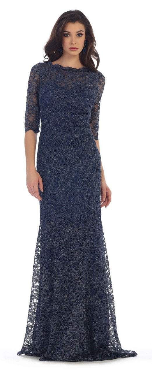 May Queen - MQ1452 Lace Embellished Quarter Length Sleeve Mermaid Gown - 1 pc Charcoal Gray in 3XL Available CCSALE 2XL / Navy