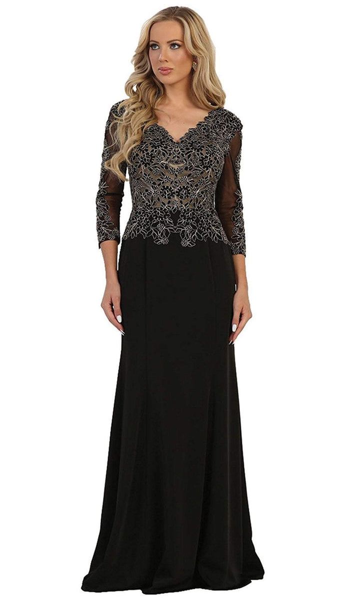 May Queen - MQ1505 Quarter Length Sleeve Lace Sheath Evening Dress Mother of the Bride Dresses M / Black