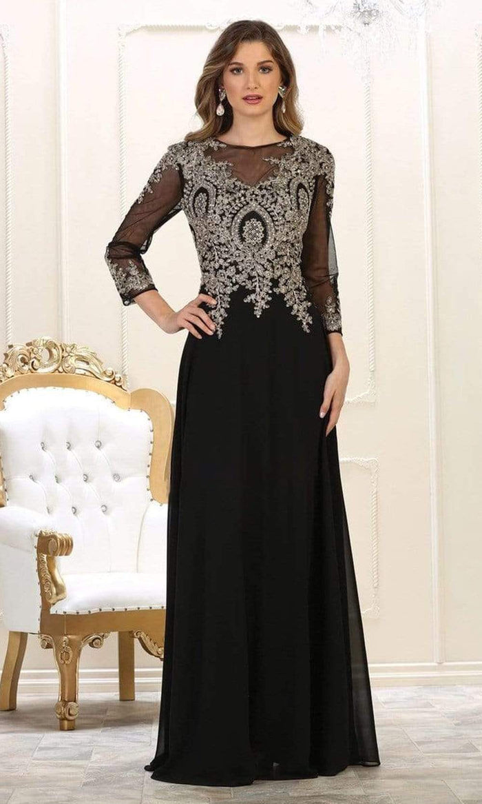 May Queen - MQ1549 Embroidered Long Sleeve Sheath Dress Mother of the Bride Dresses S / Black/Gold