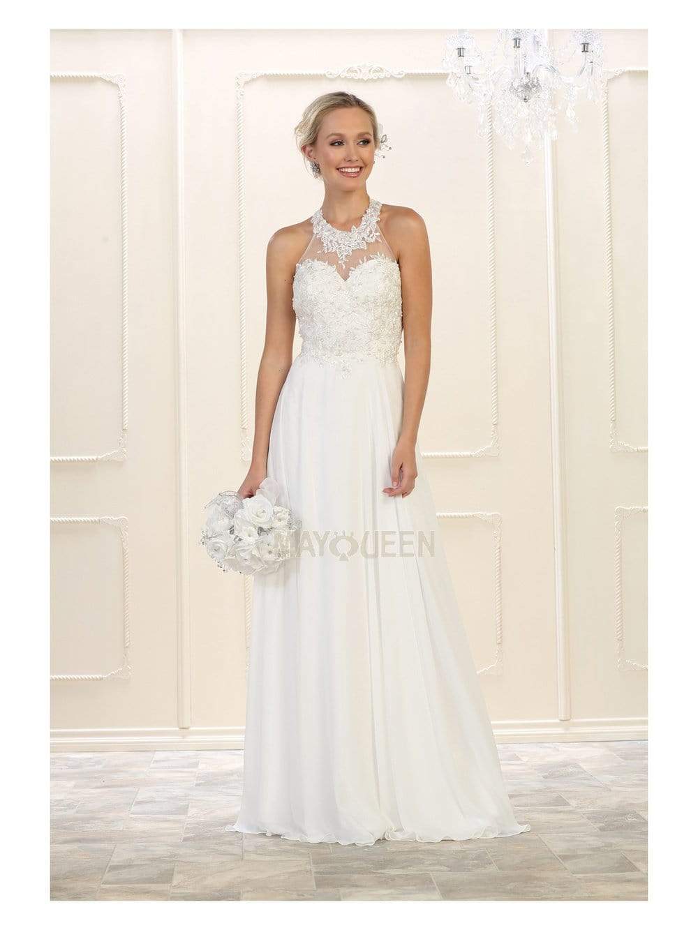 May Queen MQ1557 Embroidered Halter Neck Simple Prom Dress Couture