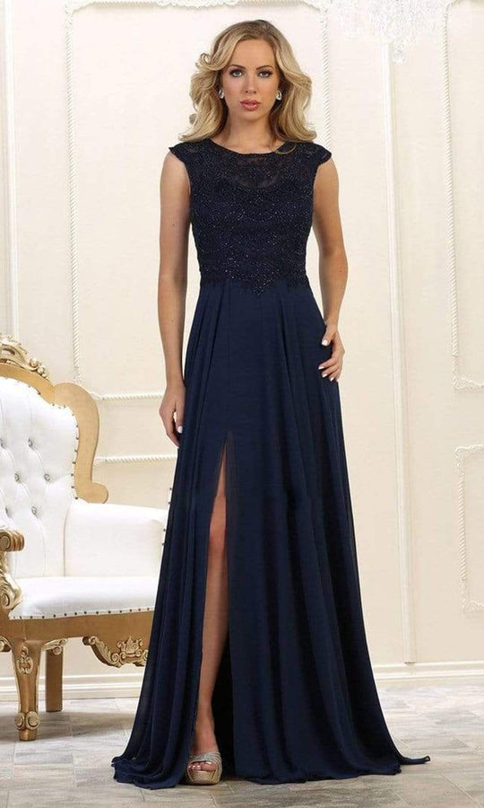 May Queen - MQ1563B Bateau A-Line Dress with Slit