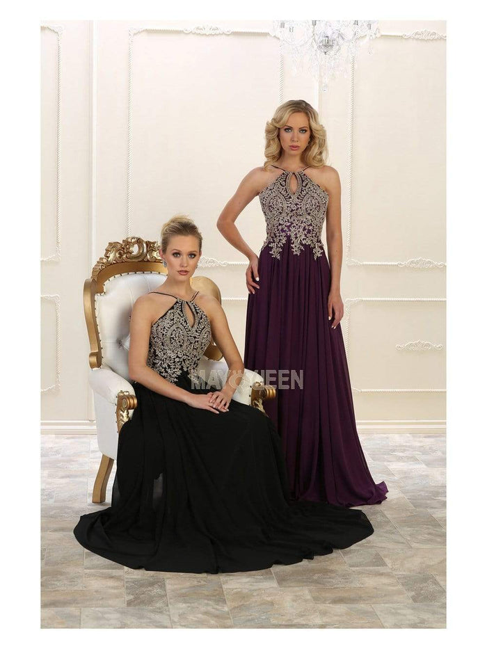 May Queen - MQ1569 Embroidered Halter A-line Dress Prom Dresses 4 / Black/Gold
