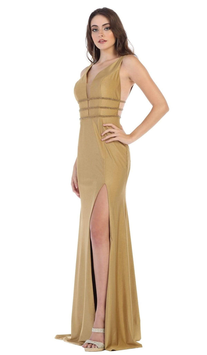 May Queen - MQ1582 Plunging Beaded Tri-Band High Slit Gown Special Occasion Dress 2 / Gold