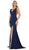 May Queen - MQ1582 Plunging Beaded Tri-Band High Slit Gown Special Occasion Dress 2 / Navy