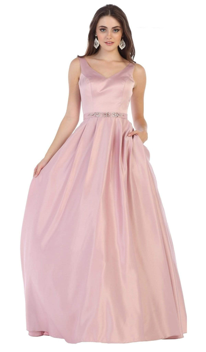 May Queen - MQ1595 Sleek V-Neck Adorned Waist A-Line Gown Bridesmaid Dresses 4 / Blush
