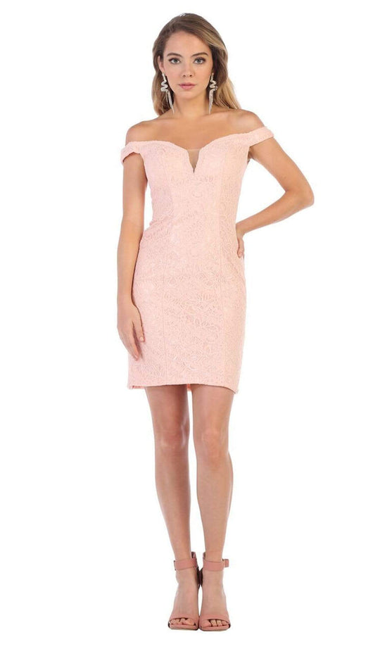 May Queen - MQ1597 Lace Deep Off-Shoulder Sheath Dress Cocktail Dresses 4 / Blush