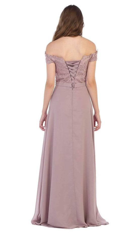 May Queen - MQ1601 Lace Appliqued Chiffon Off Shoulder Formal Gown