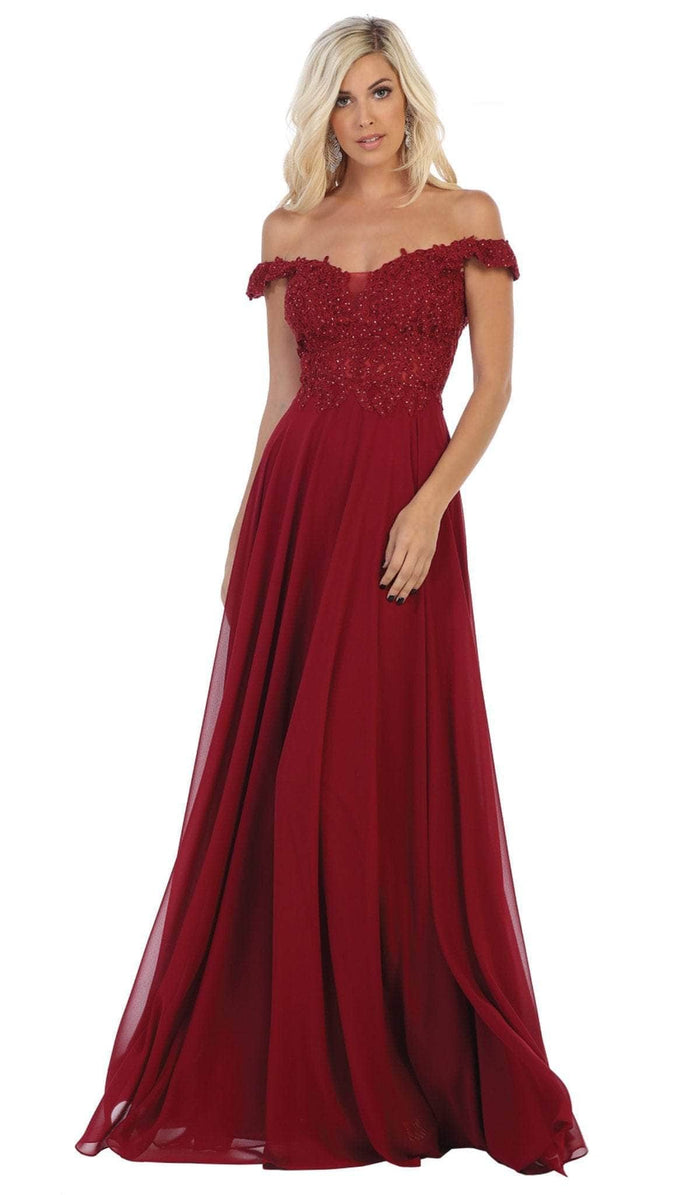 May Queen - MQ1602 V Neck Lace Applique Chiffon Long Formal Dress Formal Gowns 2 / Burgundy