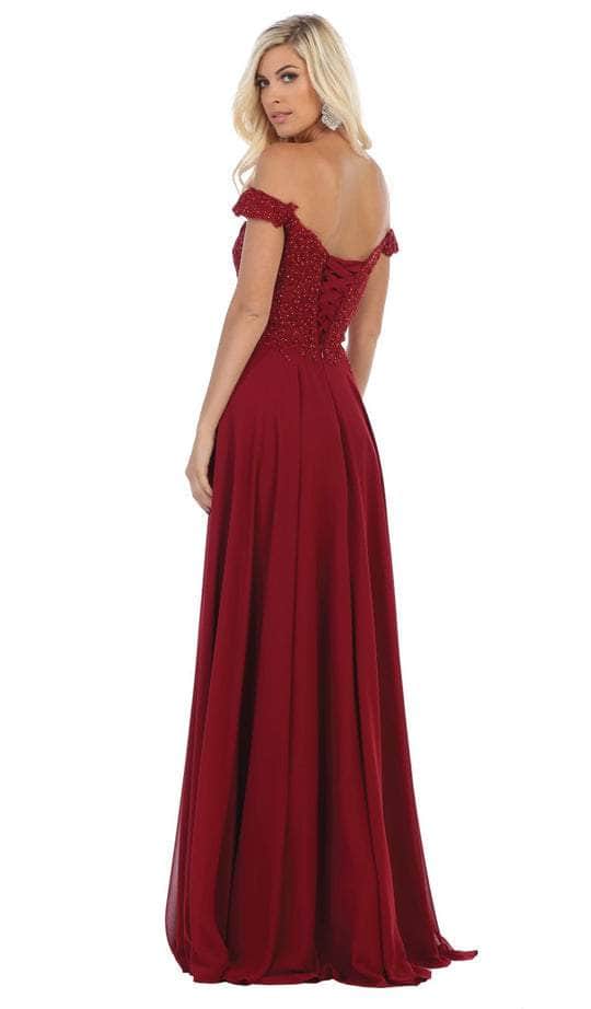 May Queen - MQ1602 V Neck Lace Applique Chiffon Long Formal Dress