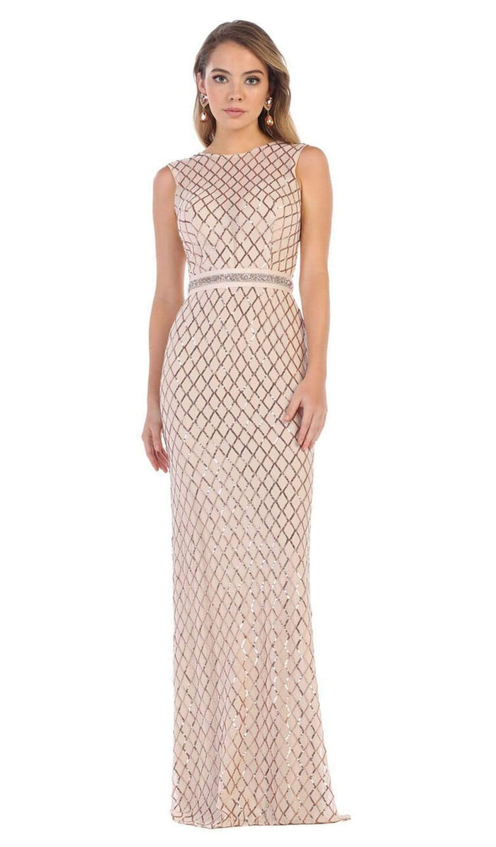 May Queen - MQ1606 Sequined Lattice Sheer Sheath Gown Bridesmaid Dresses 4 / Champagne
