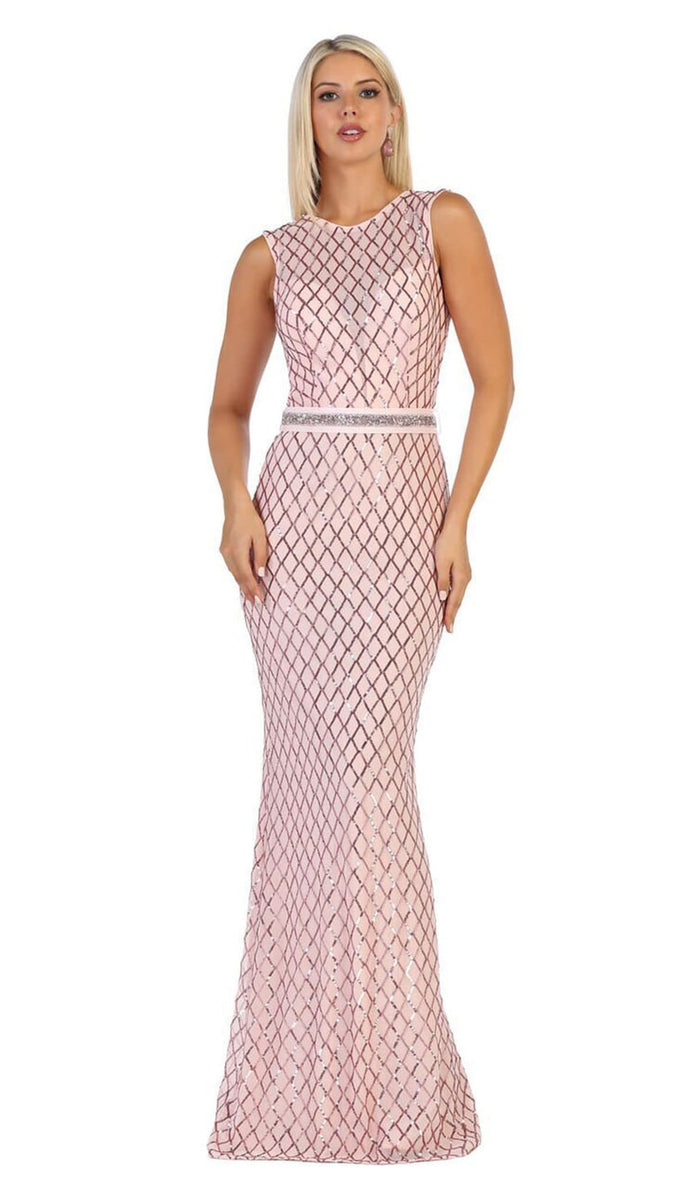 May Queen - MQ1606 Sequined Lattice Sheer Sheath Gown Bridesmaid Dresses 4 / Dusty Rose