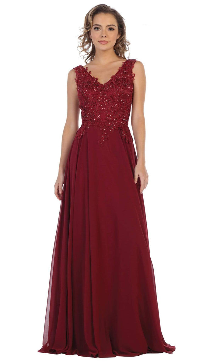 May Queen - MQ1610 Floral Applique V-neck A-line Dress Formal Gowns 4 / Burgundy