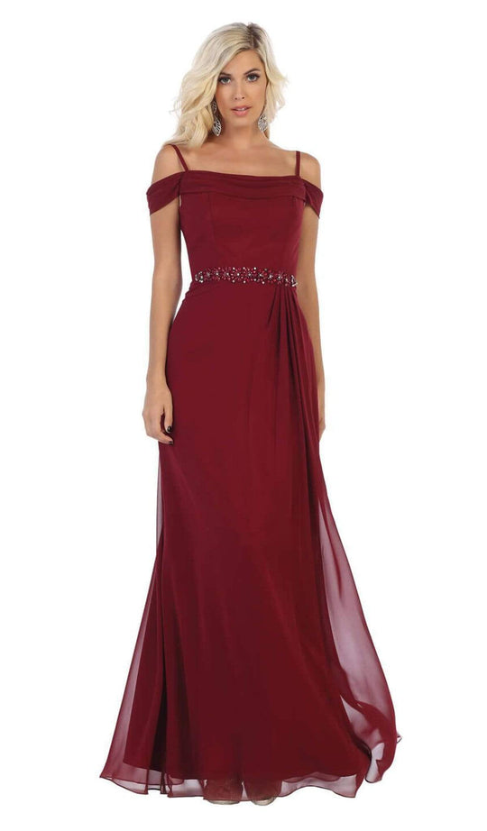 May Queen - MQ1611 Pleated Square A-Line Evening Dress Bridesmaid Dresses 4 / Burgundy