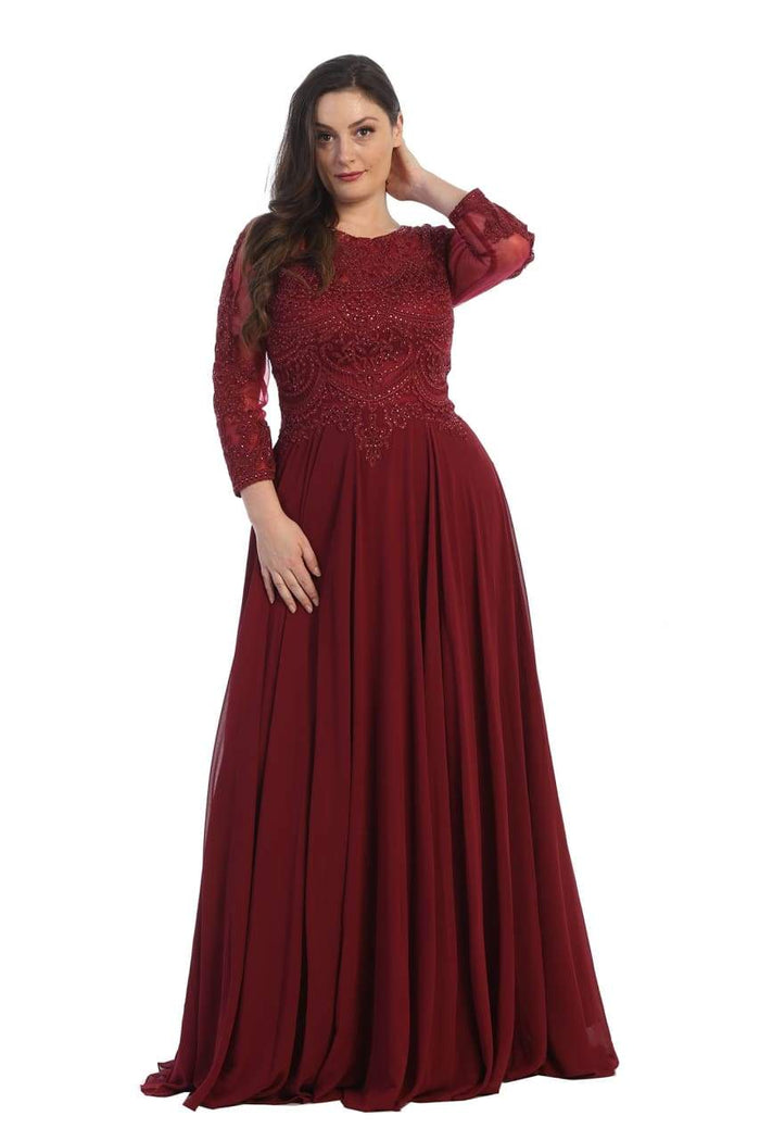 May Queen - MQ1615 Embroidered Long Sleeve Bateau A-line Dress Mother of the Bride Dresses M / Burgundy