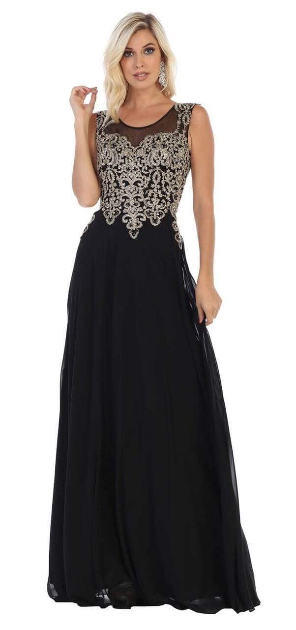 May Queen - MQ1616 Sleeveless Lace Applique Chiffon Long Dress Bridesmaid Dresses 4 / Black