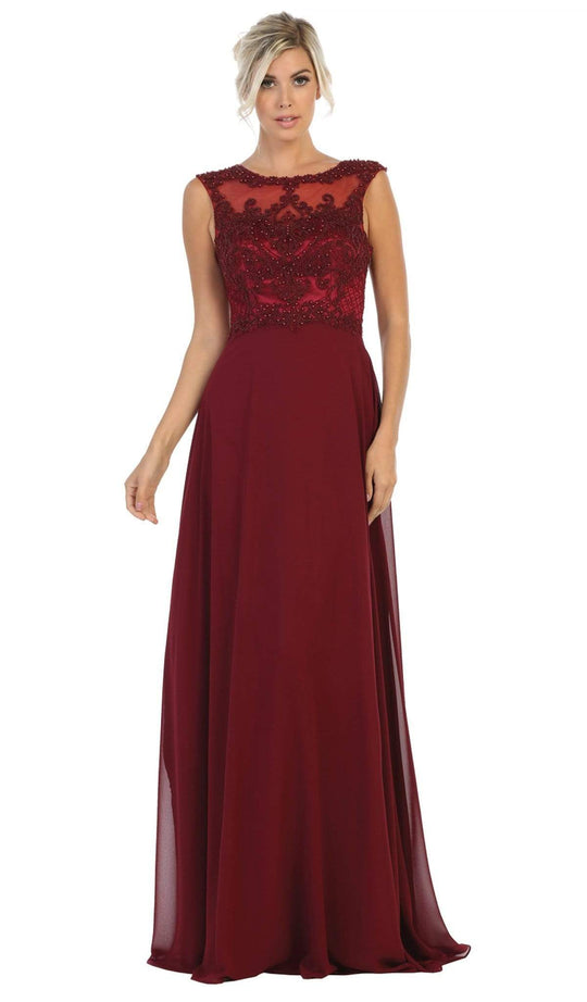 May Queen - MQ1619 Lace Applique Bateau A-line Dress Bridesmaid Dresses 4 / Burgundy