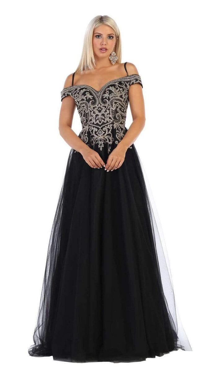 May Queen - MQ1626 Jeweled Applique Bodice Off Shoulder Gown Bridesmaid Dresses 4 / Black