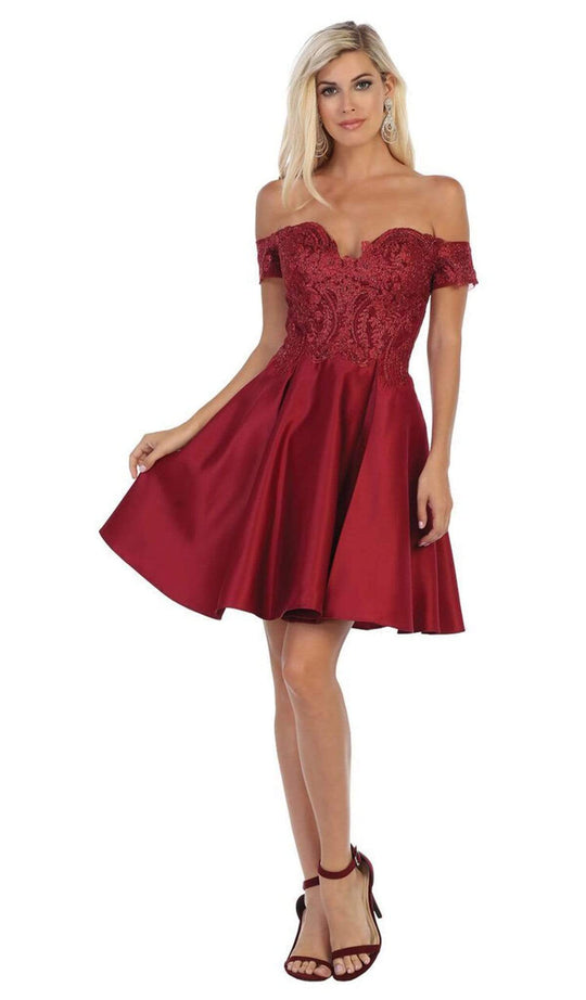 May Queen - MQ1634 Embellished Plunging Off-Shoulder A-line Dress Cocktail Dresses 4 / Burgundy