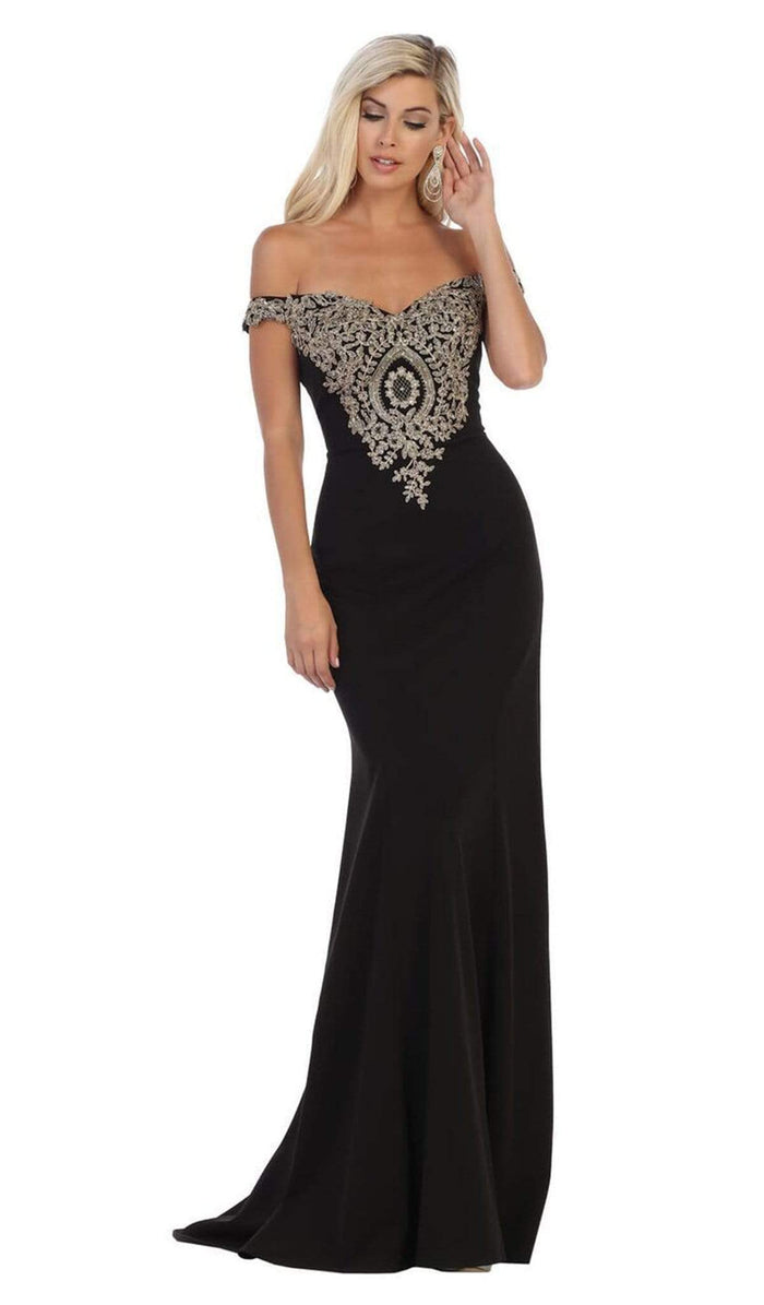 May Queen - MQ1640 Applique Off-Shoulder Trumpet Dress Special Occasion Dress 4 / Black