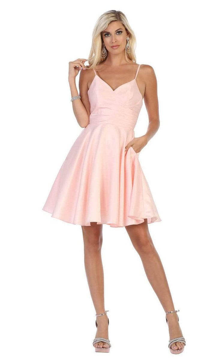 May Queen - MQ1654 V Neck Sleeveless Fit and Flare Short Dress Cocktail Dresses 2 / Blush