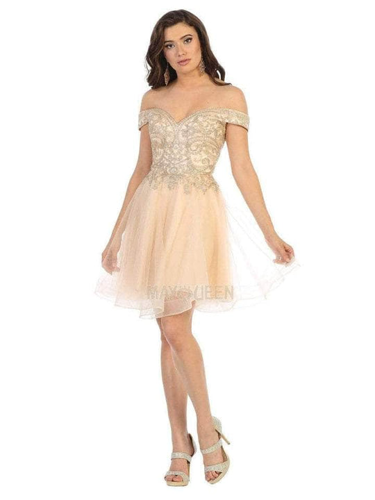 May Queen - MQ1659 Embellished Off-shoulder Cocktail Dress - 1 pc Champagne In Size 12 Available CCSALE 12 / Champagne