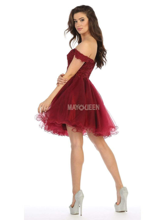 May Queen - MQ1663 Off Shoulder Sheer Lace Bodice Tulle Cocktail Dress