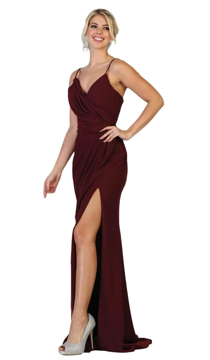 May Queen - MQ1666 Draping Surplice Bodice High Slit Gown Bridesmaid Dresses 4 / Burgundy