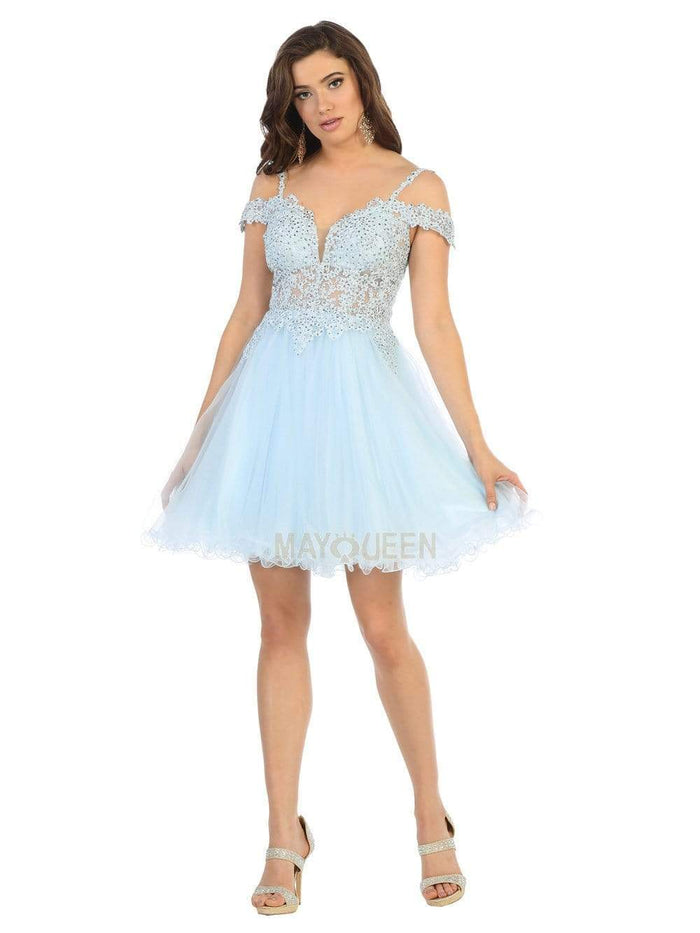 May Queen - MQ1668 Embroidered Deep Off-Shoulder A-line Dress Homecoming Dresses 2 / Baby-Blue