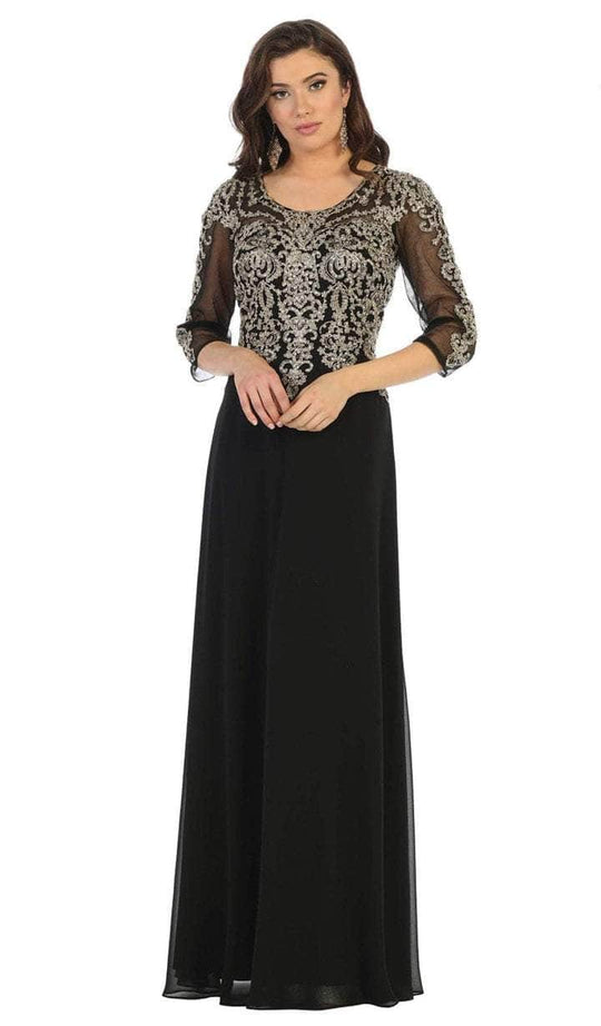 May Queen - MQ1670 Sheer Appliqued Scoop Neck Dress - 1 pc Gold In Size M Available CCSALE M / Gold