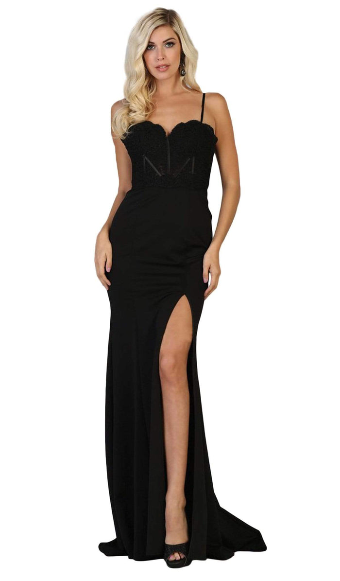 May Queen - MQ1673 Scallop Trimmed Lace Bustier Evening Gown Bridesmaid Dresses 2 / Black