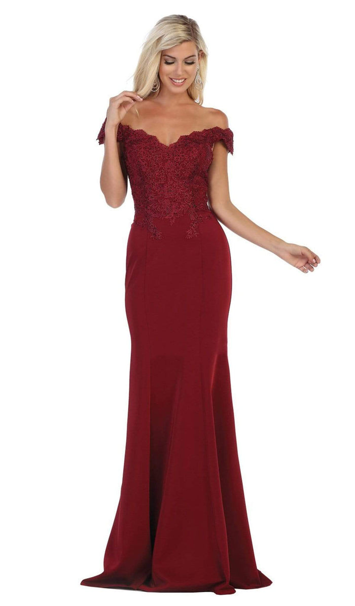 May Queen - MQ1675 Embellished Plunging Off-Shoulder Trumpet Dress Bridesmaid Dresses 4 / Burgundy