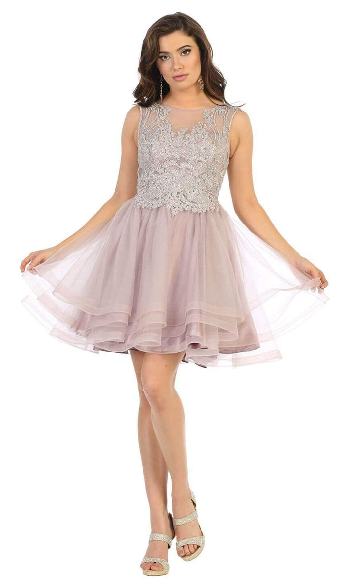 May Queen - MQ1681 Embellished Illusion Bateau Tiered A-line Dress Cocktail Dresses 4 / Mauve