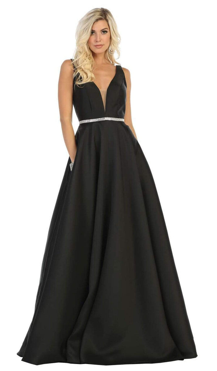 May Queen - MQ1683 Illusion Plunging Neck Sleeveless Satin A-Line Gown Bridesmaid Dresses 4 / Black