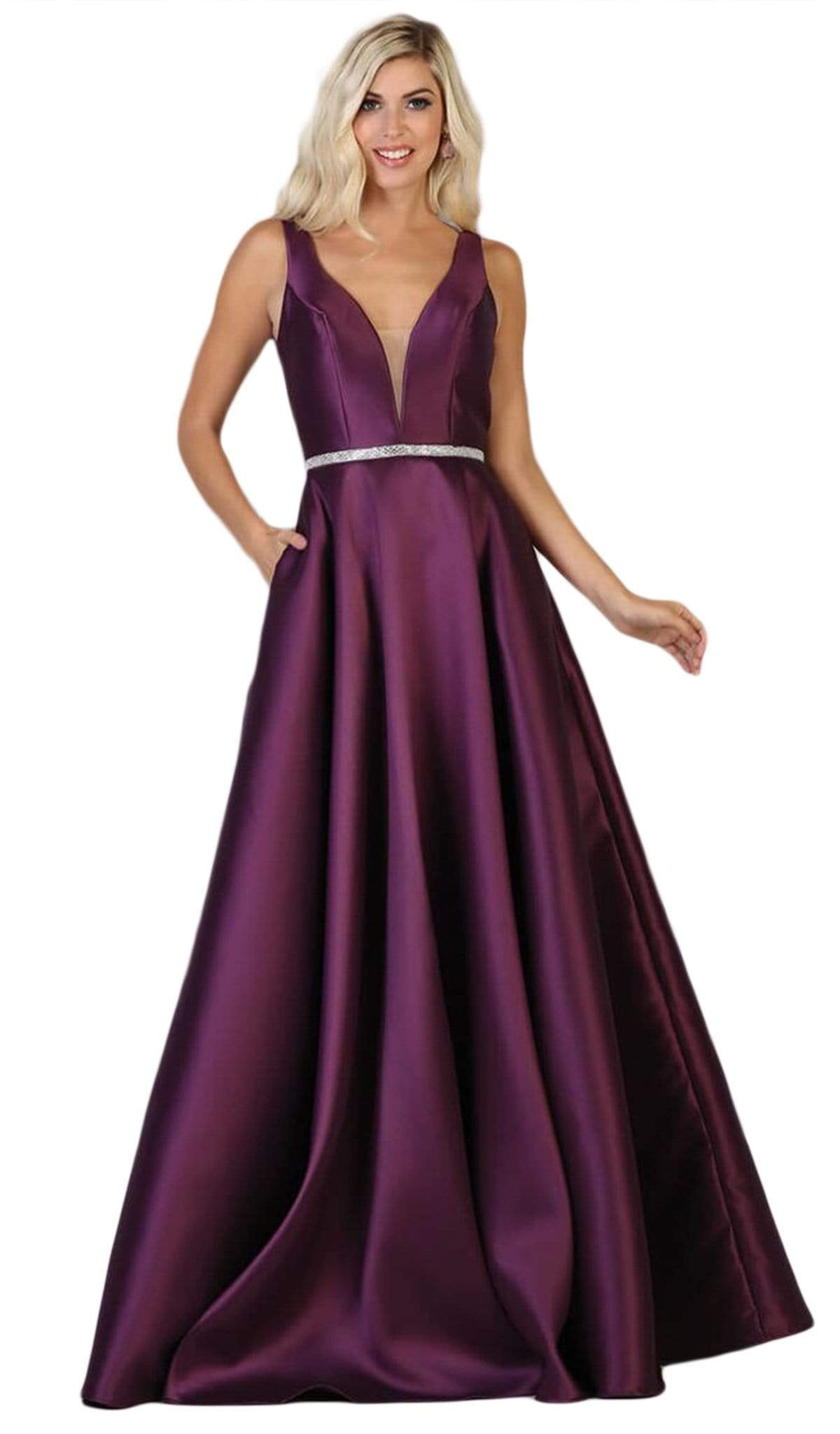 May Queen - MQ1683 Illusion Plunging Neck Sleeveless Satin A
